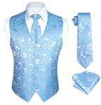 HISDERN Mens Vest Tie Set 3PC Formal Waistcoat Paisley Floral Jacquard Necktie Pocket Square Suit Vests Wedding Party, C-03-light Blue, Medium