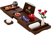 ROYAL CRAFT WOOD Luxury Bamboo Bathtub Caddy Tray with Book and Wine Holder - One or Two Person Bath and Bed Tray with Extending Sides - Free Soap Dish (Brown)