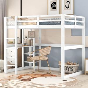 KOMHTOM Lit d'enfant Lit Mezzanine avec Bureau, 140x200cm Lit Surélevé avec Rangement sous Le lit, Sommier à Lattes en Bois, Cadre de Lit(sans Matelas) (Blanc)