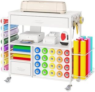 Craft Organization and Storage Cart Compatible with Cricut Maker, Rolling Craft Table with Drawer, 36 Vinyl Roll Holders, 4 Hooks, Craft Cabinet Cutting Stand for Cricut Machines
