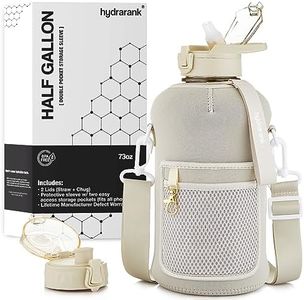 HYDRARANK Half Gallon Water Bottle with Straw and Chug Lid - 2.2L Gym Water Jug with Storage Sleeve and Handle - BPA Free Large Reusable Sports Container, 2.2 Liter (73 oz), Birch Tan