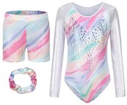 SEAUR Gymnastics Leotards for Girls Long Sleeve with Shorts and Hair Scrunchie Colorful Little Kids Workout Ballet Outfits Type-03 9-10