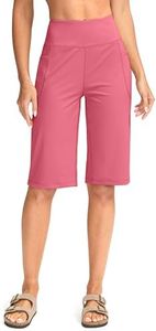 SANTINY Women's 12" Bermuda Shorts Knee Length with Pockets High Waisted Long Shorts for Women Stretch Casual Walking, Tea Rose, XX-Large