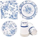 96 Pcs Floral Blue & White Party Supplies Paper Plate Cup Napkin for Flower Baby Shower Tea Spring Summer Birthday Disposable Dinnerware Serves 24