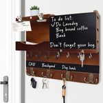 HEKOOLA Farmhouse Key and Mail Holder for Wall Decorative, Rustic Mail and Key Organizer for Wall with Different Hooks, Blackboard, Shelf, Basket, Clips(Pine Wood, Brown)