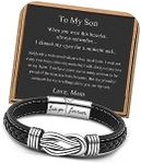 𝗠𝗼𝘁𝗵𝗲𝗿 𝗮𝗻𝗱 𝗦𝗼𝗻 𝗕𝗿𝗮𝗰𝗲𝗹𝗲𝘁 Mens Leather Stainless Steel Braided Knot Bracelets 𝗟𝗲𝘁𝘁𝗲𝗿𝗶𝗻𝗴 𝗟𝗼𝘃𝗲 𝗬𝗼𝘂 𝗙𝗼𝗿𝗲𝘃𝗲𝗿 Gifts for Son Grandson Husband Boyfriend Dad Brother Always Linked Together, 8.5 inches, Stainless Steel, no gemstone