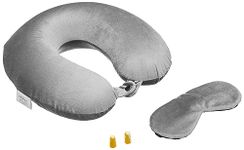 Amazon Basics 100% Memory Foam Travel Neck Pillow with Eye Mask and Ear Plugs Combo|Ergonomically Designed for Ultimate Comfort, Perfect for Air, Car, Train, Bus Travel - Melange, Standard Size