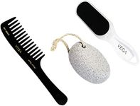 VEGA Handcrafted Round Teeth Comb Gentle On Scalp & Vega Oval Shaped Pumice Stone, White & Vega Emery Foot File, Large