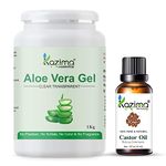 KAZIMA Combo of Aloe Vera Gel 1Kg & Castor Carrier Oil 15ml - 100% Pure & Natural for Skin, Face, Acne Scars, Hair, Moisturizer & Dark Circles (Combo of 2)