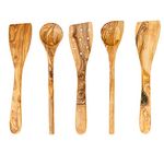 Tramanto Olive Wood Spatulas and Spoons Cooking Utensil Set, 12 inches - Corner Spoon, Round Spoon, Curved Spatula, Flat Spatula and Slotted Spatula