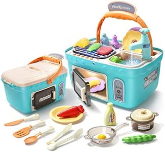 CUTE STONE Kids Picnic & Kitchen Playset,Portable Pinic Basket with Musics & Lights, Color Changing Play Foods, Sink,Pretend Play Oven and Other Accessories Toys for Boys and Girls