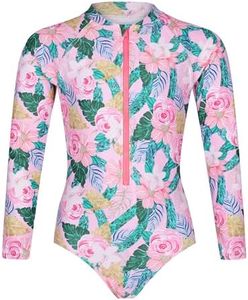 Tame the Sun Long Sleeve Girls' Swimsuit - Rash Guard with Frills, UPF 50+ Zipper Pink Swimwear - Bathing Suit for Ages 3-12