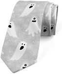 Ambesonne Halloween Necktie, Horror Phantom Boo Fiend Themed Multitude Ghosts and Spider Webs Composition, 3.7", Grey and White