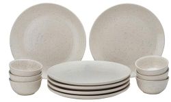 Bodhi House Hand Painted Ceramic Dinner Set of 6 Dinner Plates (10 Inch) and 6 Katori Bowls (4.3 Inch) Dinnerware Set | Microwave and Dishwasher Safe - Set of 12 Pcs Ivory White