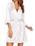 Ekouaer Robe for Women Kimono Robes Short Satin Pure Color Bridal Party with Oblique V-Neck White