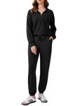 PINSPARK Airport Outfits for Women 2024 Fall 2 Piece Tracksuit Lounge Set Long Sleeve Half Zip Sweatshirt Sweatpants Jogger Sets,Black XX-Large