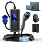 Bokman EV Charger 7kW Type 2 to CEE Plug, 5M / 6-32A Adjustable Current / 1 Phase / IP65 Waterproof, Electric Car Charging Cable with LED Display and Commando Plug