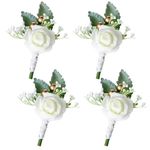 ANBOO 4 Pcs Button Holes Flowers Wedding, Handmade Rose Wedding Boutonniere Set, White Artificial Corsage Flowers for Groom Men Bridal Women Wedding Prom Banquet