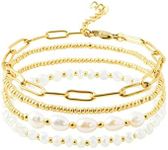 Pymach Dainty Gold Pearl Crystal Beaded Bracelets Set for Women 14K Real Gold Plated Bead Pearl Crystal Beads Bracelet Stackable Paperclip Link Chain Bracelets Gold Bracelets for Women Trendy Jewelry,