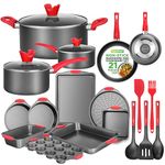 NutriChef, Cookware Set, Bakeware Set, Pots And Pan Set, Kitchen Essentials, Kitchen Utensils Set, 21 Piece Set, Black Nonstick Coating With Red Silicone Handles