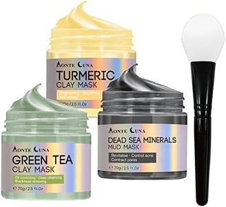 COSMTEK Monte Luna Green Tea Clay Mask, Dead Sea Minerals Mud Mask, Turmeric Clay Facial Mask, Face Masks Skincare for Pore, Blackhead, Blemish and Acne, 70g each