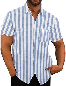 Oyamiki Mens Short Sleeve Regular-Fit Shirt Fishing Tees Linen Casual Button-Down Shirts, Blue White Stripes, X-Large