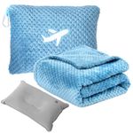 Nenolix 3 in 1 Travel Pillow and Blanket Set - 280 GSM Travel Blanket Airplane Compact with Bag, Inflatable Travel Pillow, Packable Airplane Blanket, Luggage Sleeve & Backpack Clip (Slate Blue)