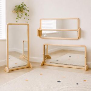 Woodtoe 4-in-1 Montessori Mirror with Bar, Adjustable Tummy Time Floor Mirror, Baby Pull to Stand Toy, Natural Unpainted Solid Wood Frame, Baby Pull Up Bar, Developmental Toys for Nursery (Large Size)