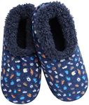 Snoozies Sherpa-Lined Slipper Socks for Women - Fuzzy, Cute, and Cozy Slippers for Women with Non-Slip Sole - Washable House Slippers (Blue, Large)