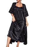 HANERDUN Women Glitter Striped Satin Nightdress Spaghetti Strap Chemises Slip Sleepwear Short Sleeve Long Dress Nightgown Black