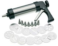 SHATCHI Stainless Steel Press Maker Kit Machine Cookie Molds Cake Icing Tools with 8 Piping Nozzles and 13 Biscuit Discs Cutters, Decorating Gun, Silver