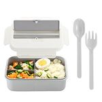 YAGGOOD Bento Lunch Boxes, Leakproof Bento Boxes for Kids Adults, Food Boxes with 3 Compartments/Fork Spoon and Chopsticks, BPA Free, Microwave and Dishwasher Safe Meal Prep Containers (Grey-White)