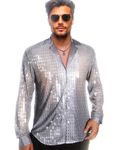 AIBEIX Mens Mesh Sequins See Through 70s Disco Long Sleeve Button Down Shirts, Grey Silver-long Sleeve, Medium