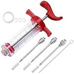 Plastic Meat Injector Syringe Kit - 30ml Capacity Food Seasoning Syringe with 3 Stainless Steel Needles, Spare O Rings and Cleaning Brush - Easy-to-Use and Clean