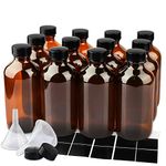 PINIWON 12 Pack 8 oz Amber Glass Bottles, 240ml Boston Round Sample Bottles with Black Poly Cone Caps, Labels and Funnels