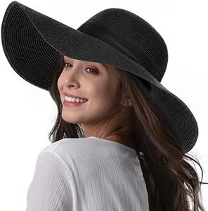 FURTALK Womens Sun Straw Hat Wide Brim UPF 80 Summer Hat Foldable Packable Floppy Beach Hats for Women Pure Black,Medium-Large