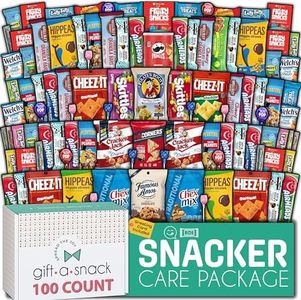 Gift A Snack - Fathers Day Snack Box Care Package Variety Pack + Greeting Card (100 Count) Graduation Birthday Sweet Treats Gift Basket, Candies Chips Crackers Bars - Food Assortments & Variety Gifts