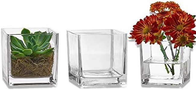 Set of 3 Glass Square Vases 4 x 4 Inch – Clear Cube Shape Flower Vase, Candle Holders - Perfect as a Wedding Centerpieces, Home Decoration