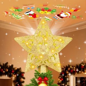 Christmas Tree Topper Lighted with 4 Patterns Projector, LED Rotation Light, 3D Glitter Lighted Star Tree Topper for Christmas Tree, Hollow Design, Christmas Tree Decor for Home Office Indoor, Gold