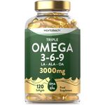 Triple Omega 3 6 9 Capsules 3000mg | 120 Softgels | Triple Omega 369 with EPA, DHA & ALA from Fish Oil, Flaxseed & Sunflower | by Horbaach