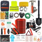 AUTODECO Car Roadside Emergency Kit - 118 Pieces Premium Heavy Duty Car Roadside Emergency Kit - Jumper Cables Portable Air Compressor Tow Strap Multifunctional Hammer Shovel, etc.