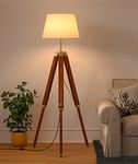 Divine Trends Wooden Tripod Floor Lamp Standing Brown Polished Brass Antique Adjustable 5Ft Height 16 Inches Off White Lampshade - Led