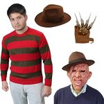 labreeze Men Freddy Krueger Style Fancy Dress Red Green Jumper Burnt Mask Explorer Hat Claw Hand Glove Halloween Costume (Large)