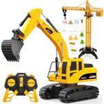 HappyGoLucky Remote Control Digger Toys for 3-12 Year Old Boys Gifts, Kids Outdoor Boys Toys age 3-8 Birthday Gifts, 2.4Ghz RC Excavator Construction Toy Car with Road Barrier Accessory Lights Truck