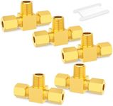 GASHER 5PCS Brass Compression Tube Pipe Fitting Connector, Tee，1/8" MNPT, 3/16" x 3/16" Tube OD Connector