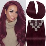 16" Wine Red Trendy Remy Clip In On Human Hair Extension 8 Pcs 18 Clips Full Head Double Weft Brazilian Hair Extension Straight Highlighted Thick Hair For Women Fashion (16",#99J)