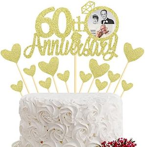 Sumerk Gold Glitter 60th Anniversary Cake Topper with Diamond Ring Heart Cake Decorations Set for 60th Wedding Graduation Retirement Company Celebration Party - Pack of 13