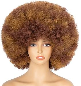 70's Afro Wig for Women, Mixed Brown Short Afro Kinky Curly Wig, Glueless Synthetic Wig with Bangs, Puffy & Fluffy Bouncy Afro Wig for Daily Cosplay Party