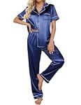 Ekouaer Women's Satin Pajama 4-Piece Nightshirt Silk Loungewear Short Sleeve Bridal Pj Set(Blue Gren)