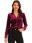 Allegra K Velvet Blouse for Women's Collared Long Sleeve Button Down Shirt Top Burgundy L